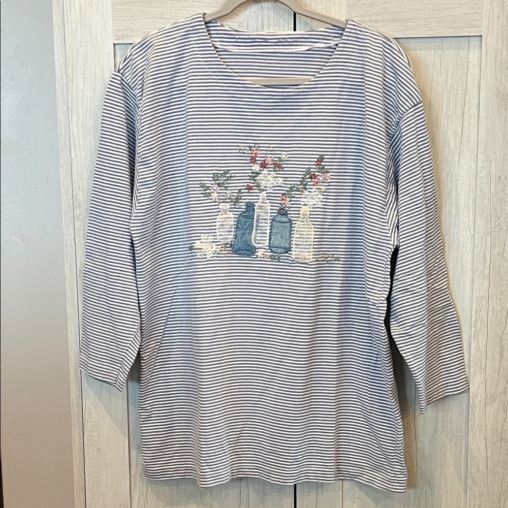 Floral Embroidered Cotton Blend Striped 3/4 Sleeve Top